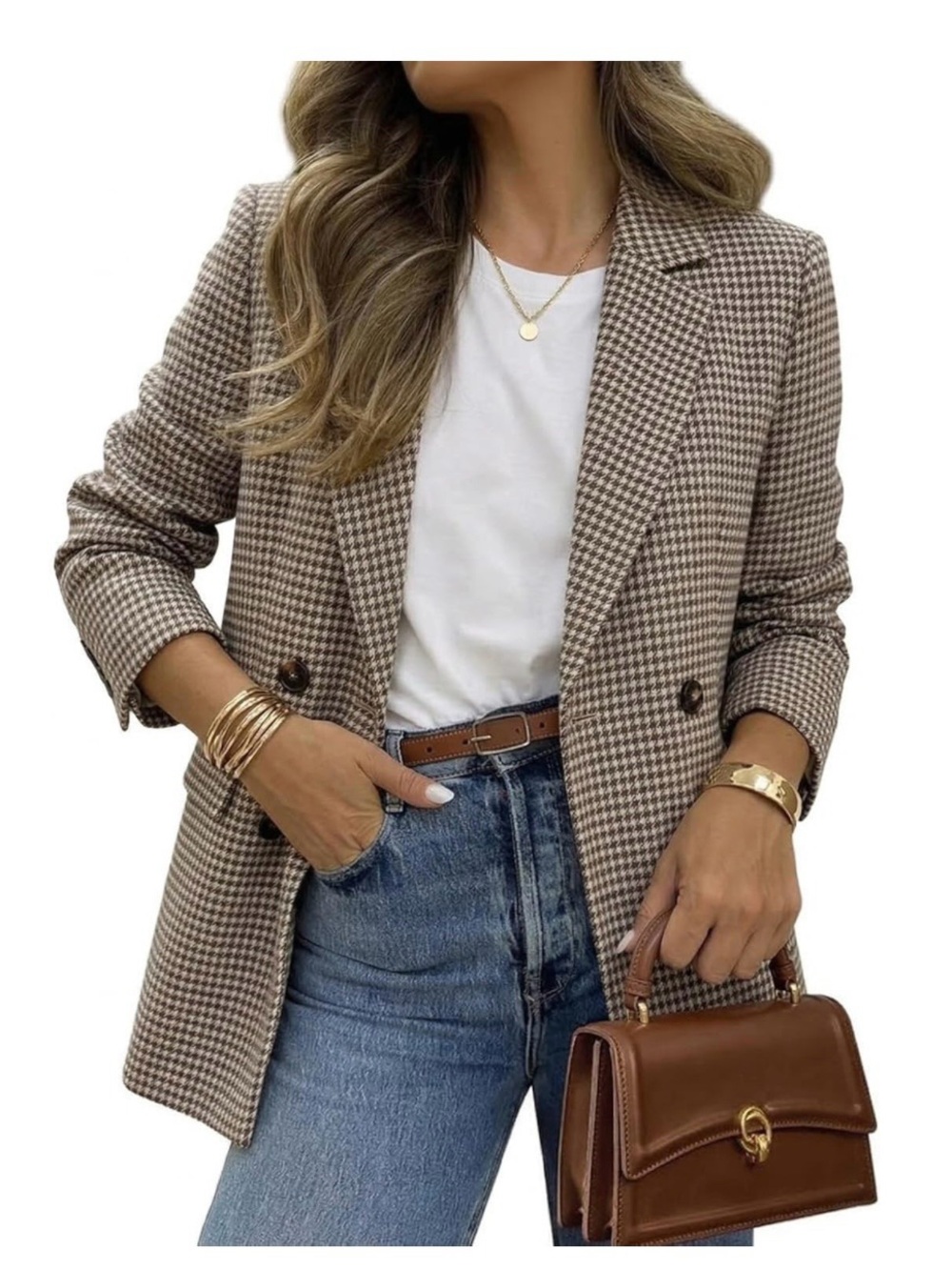 ELLEVEN Oversized Plaid Tweed Blazer Boyfriend Jacket Classic Houndstooth Brown